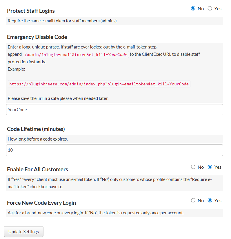 Email token Snapin Settings TOTP token